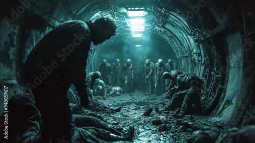 A terrifying scene of zombie horror, with a lone survivor surrounded by zombies in a dark, claustrophobic space