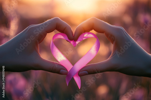 Close-up of hands forming a heart shape around a pink ribbon during sunset, symbolizing love and support for Breast Cancer Awareness Month.

