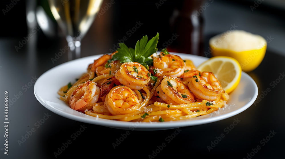 plate of shrimp scampi with linguine pasta, garlic, lemon and parsley garnished with parmesan plate of shrimp scampi with linguine pasta, garlic, lemon and parsley garnished with parmesan