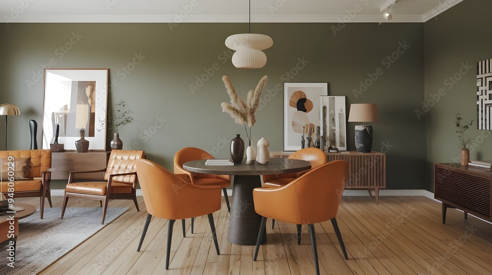 A modern living room with a Scandinavian, mid-century design, a round dining table. The table is made of wood and has a dark finish, four orange leather chairs around the table