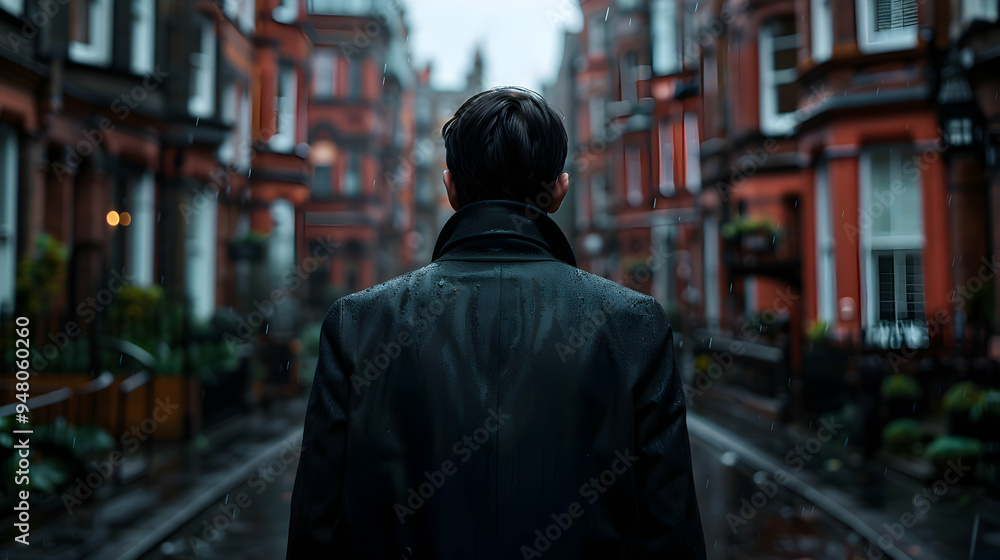 Man Walking Down Street Next Tall Buildin Man Walking Down Street Next Tall Buildin
