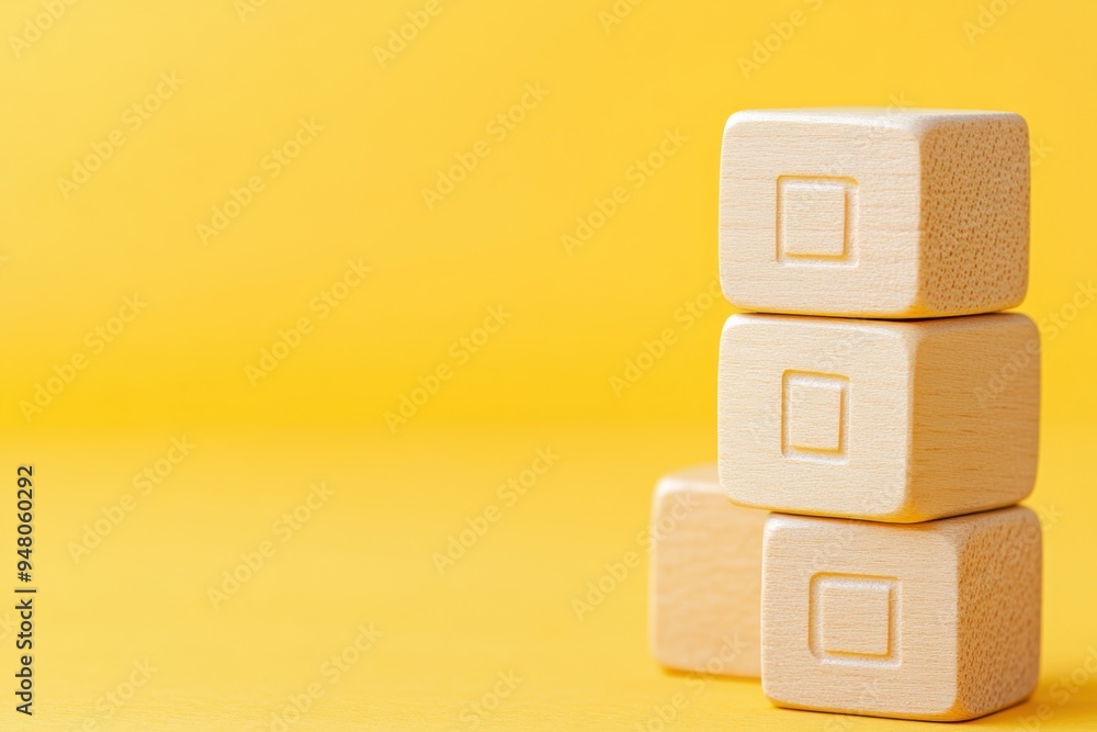 Stacked wooden blocks on yellow background symbolizing structure growth Stacked wooden blocks on yellow background symbolizing structure growth