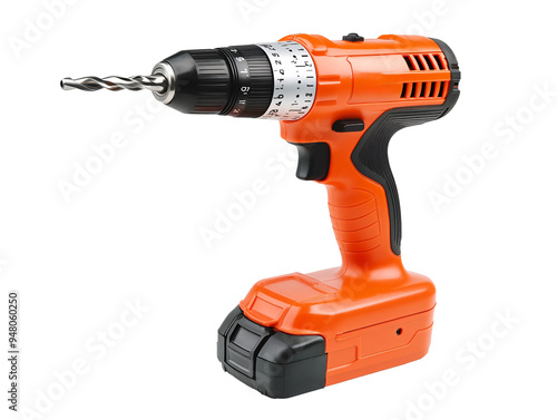 an orange drill with a drill bit