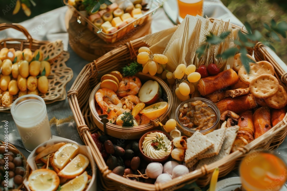 Assortment of delicious food sitting in a basket on a table High angle view of an assortment of delicious food sitting in a basket on a dining table outsid eon a patio in summer Assortment of delicious food sitting in a basket on a table High angle view of an assortment of delicious food sitting in a basket on a dining table outsid eon a patio in summer