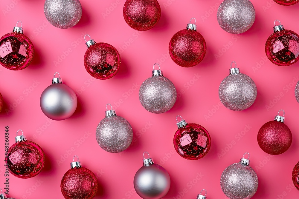 Christmas background. Red and silver balls on pink background. Flat lay, top view Christmas background. Red and silver balls on pink background. Flat lay, top view