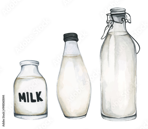 Set of milk. Watercolor illustration for decoration.