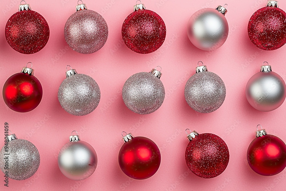Christmas background. Red and silver balls on pink background. Flat lay, top view Christmas background. Red and silver balls on pink background. Flat lay, top view