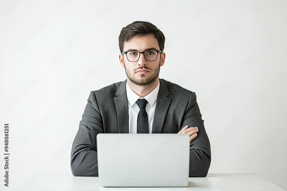 Serious young businessman sitting at his desk in front of laptop computer Serious young businessman sitting at his desk in front of laptop computer