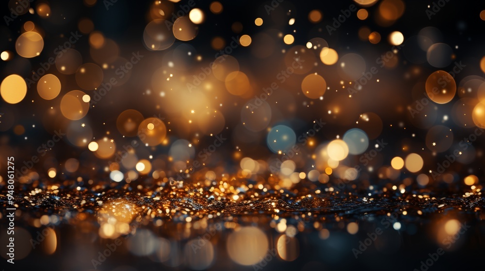 Dark background with sparkling gold holiday garland, magic dust. Gold Abstract Glitter Blinking sparks. Dark background with sparkling gold holiday garland, magic dust. Gold Abstract Glitter Blinking sparks.