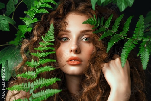 Renaissance brunette girl with wavy hair on black background. Fern leaves. Health care. Tan woman with green nails. Gorgeous brunette lady with orange lips. Elegant woman. Beauty portrait. Green fern  photo