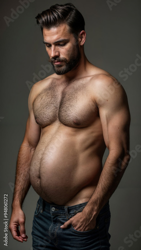 Surreal Portrait of a Pregnant Man with a Bearded Face and Muscular Build - Provocative and Thought-Provoking Image Challenging Traditional Gender Norms