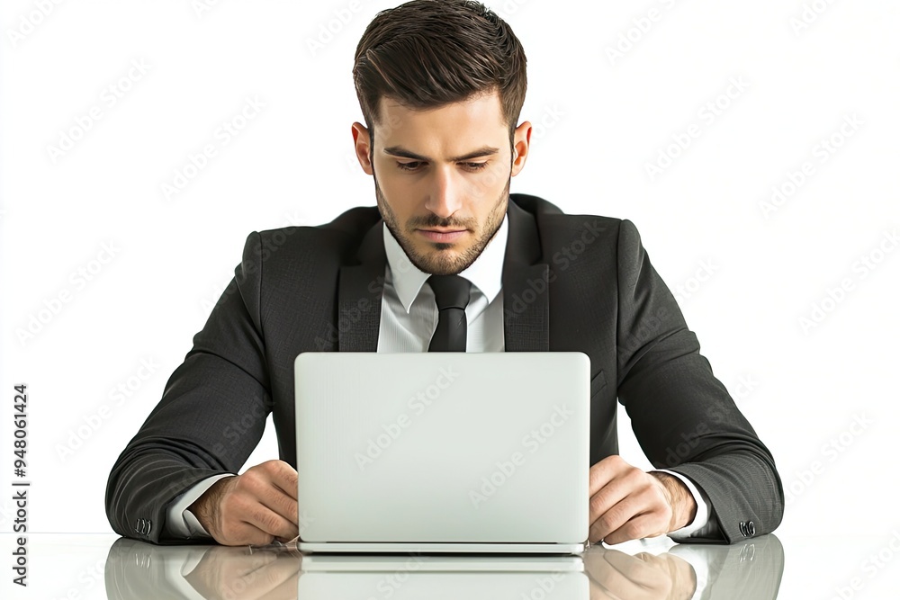 Serious young businessman sitting at his desk in front of laptop computer Serious young businessman sitting at his desk in front of laptop computer