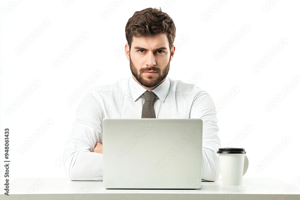 Serious young businessman sitting at his desk in front of laptop computer