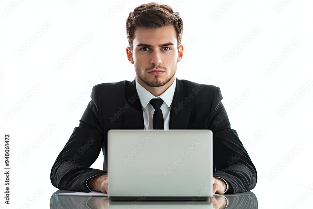 Serious young businessman sitting at his desk in front of laptop computer Serious young businessman sitting at his desk in front of laptop computer