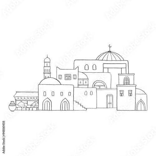 Muslim Arabic old city street with traditional houses and middle east buildings and shop vector illustration in black and white, Jerusalem cityscape or Islamic village scene sketch