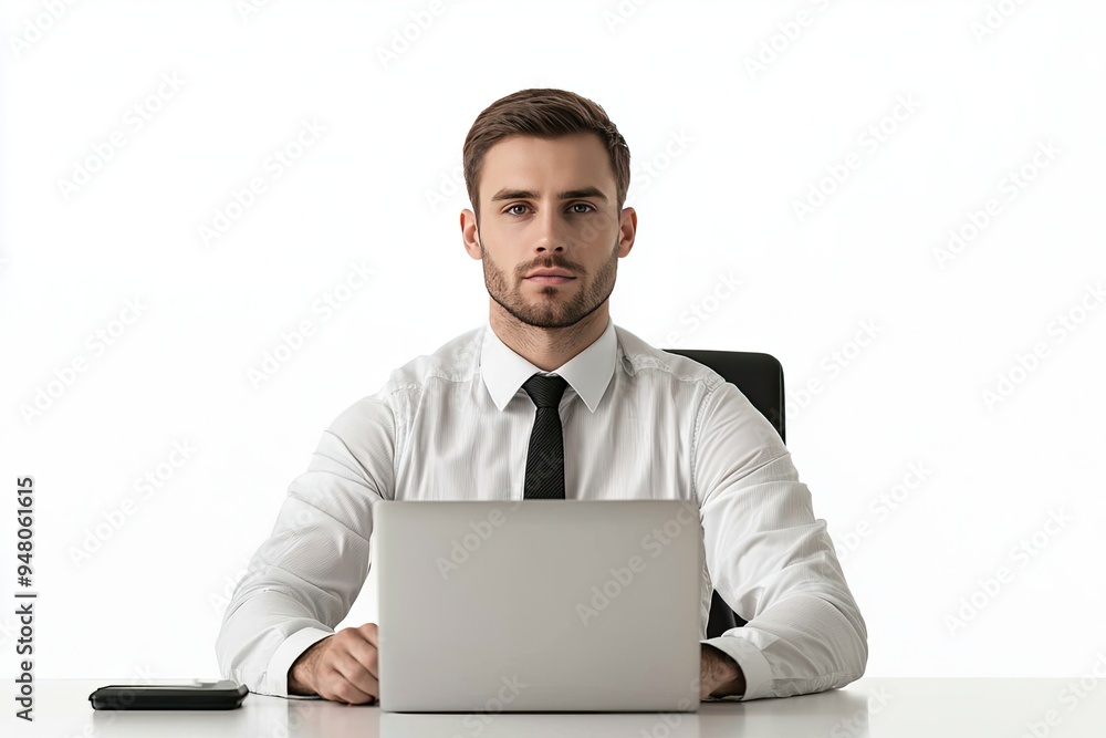 Serious young businessman sitting at his desk in front of laptop computer Serious young businessman sitting at his desk in front of laptop computer