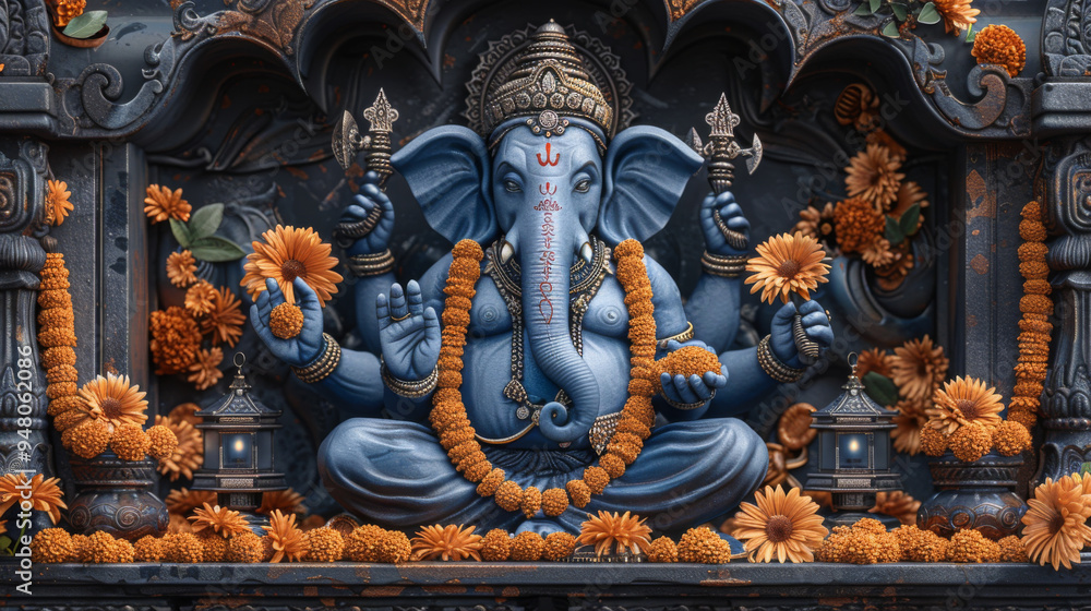 Fototapeta premium Majestic Blue Ganesh Statue Decorated with Marigold Flowers and Lanterns