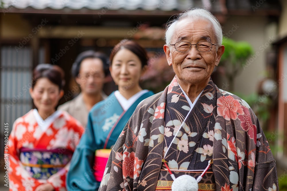Elderly Japanese Man Leading a Family in Traditional Kimono Elderly Japanese Man Leading a Family in Traditional Kimono