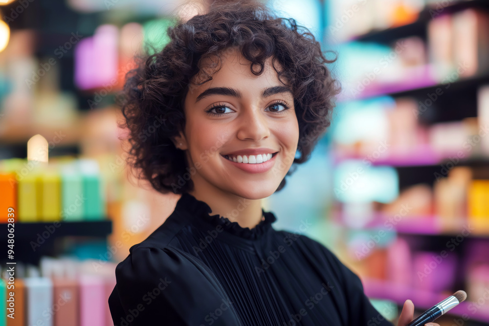A young cosmetics store consultant with short curly hair in a black blouse smiling while holding a makeup brush, with shelves of colorful products and bright lighting in the background. A young cosmetics store consultant with short curly hair in a black blouse smiling while holding a makeup brush, with shelves of colorful products and bright lighting in the background.