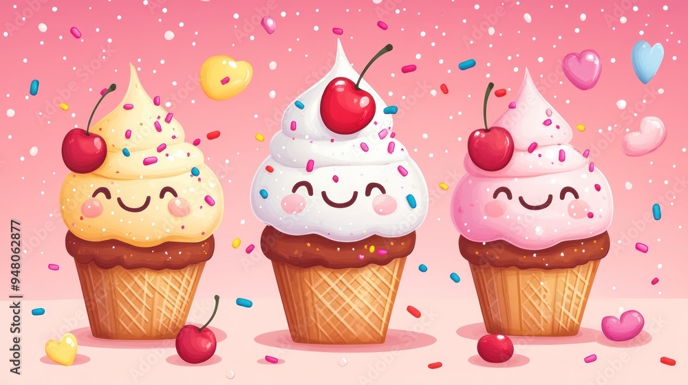 Three Cartoon Cupcakes with Cherries and Sprinkles Three Cartoon Cupcakes with Cherries and Sprinkles