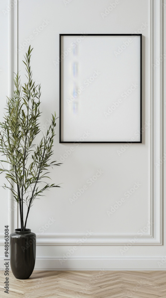 A black framed picture sits on a white wall A black framed picture sits on a white wall