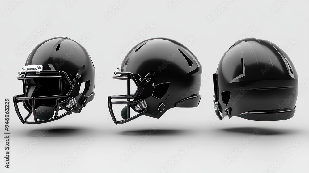Fototapeta premium Three Black Football Helmets in Different Angles