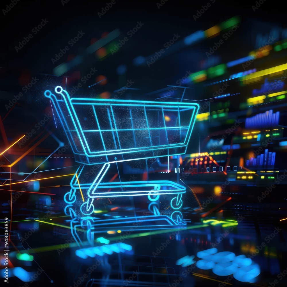 Digital cart icon on future tech background. Online shopping evolution. Futuristic shopping cart icon and abstract chart in world of technological progress and innovation. CGI 3D render Digital cart i Digital cart icon on future tech background. Online shopping evolution. Futuristic shopping cart icon and abstract chart in world of technological progress and innovation. CGI 3D render Digital cart i