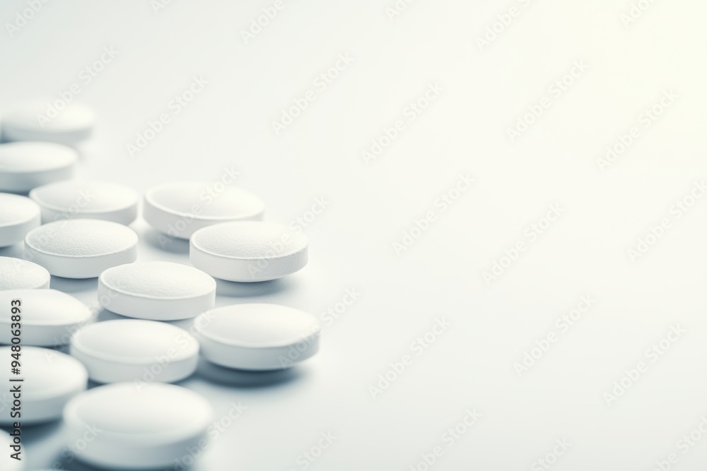 Scattered white medication pills on bright surface Scattered white medication pills on bright surface