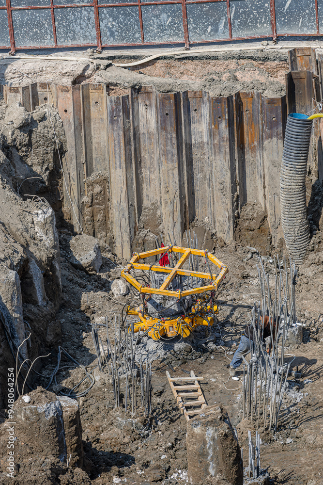 Türkiye - Izmir 27 August 2024 Construction site. Ground reinforcement works with concrete columns on soft ground.