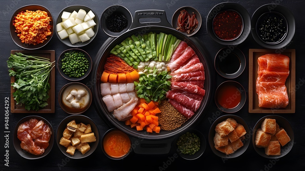 Overhead View of Communal Chinese Pot Dish with Assorted Ingredients Overhead View of Communal Chinese Pot Dish with Assorted Ingredients