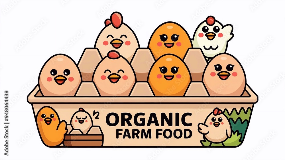 Obraz premium Chicken Eggs in tray. Eggs with happy faces in box. Cute characters. Cartoon flat style. Breakfast, organic farm food concept. Poultryproduction. Hand drawn Vector illustration. Isolated elements