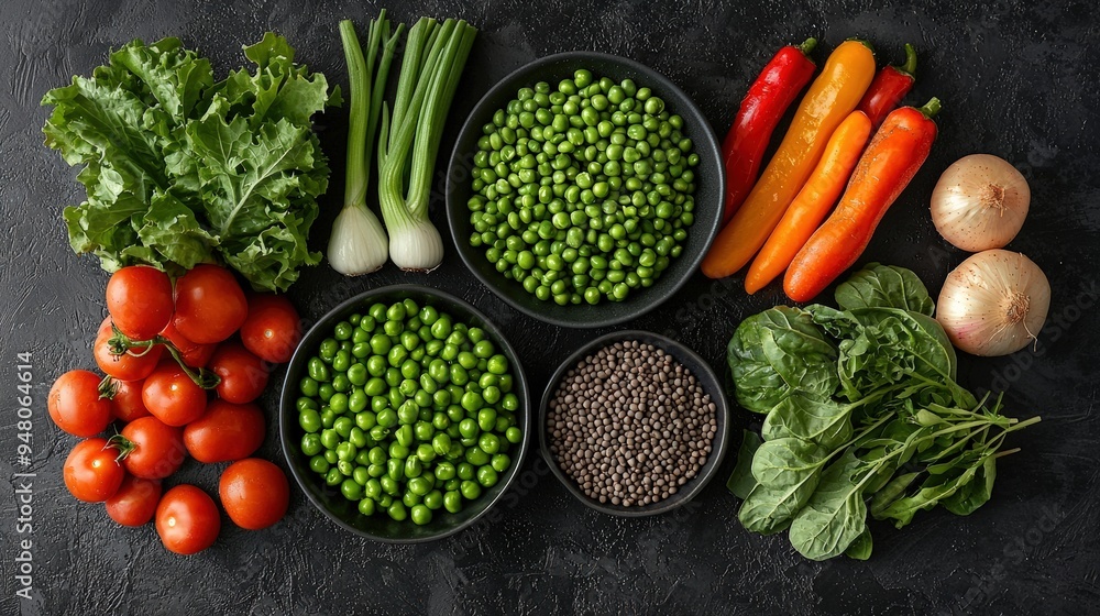 Assortment of Fresh Vegetables Ready for Cooking Green Peas, Spinach, Tomatoes, Onions, and Bell Peppers Arranged in Bowls and on a Black Background. Assortment of Fresh Vegetables Ready for Cooking Green Peas, Spinach, Tomatoes, Onions, and Bell Peppers Arranged in Bowls and on a Black Background.