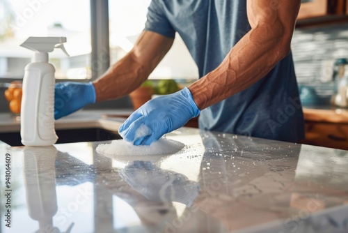 Shot of an unrecognisable man disinfecting a kitchen counter at home I don't need a magic wand, I've got my hands photo