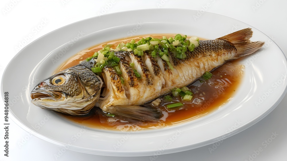 Steamed Whole Fish with Ginger and Scallions on White Plate Representing Balance and Freshness in Traditional Chinese Cuisine Steamed Whole Fish with Ginger and Scallions on White Plate Representing Balance and Freshness in Traditional Chinese Cuisine