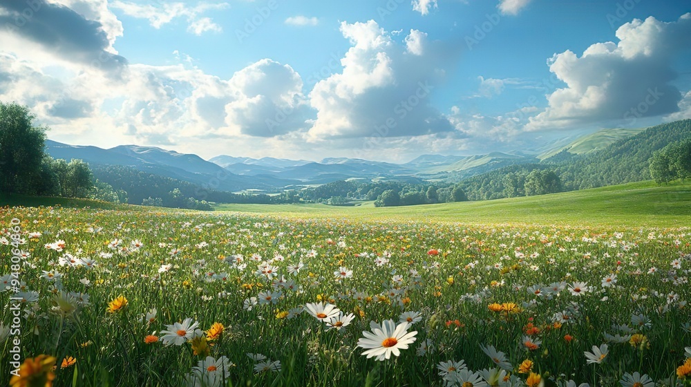Tranquil Meadow Landscape with Abundant Wildflowers and Gentle Hills Creating a Peaceful and Scenic View Tranquil Meadow Landscape with Abundant Wildflowers and Gentle Hills Creating a Peaceful and Scenic View