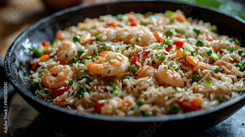 Close up of a Wok Filled with Savory Fried Rice Vibrant Vegetables and Tender Shrimp A Classic Chinese Dish