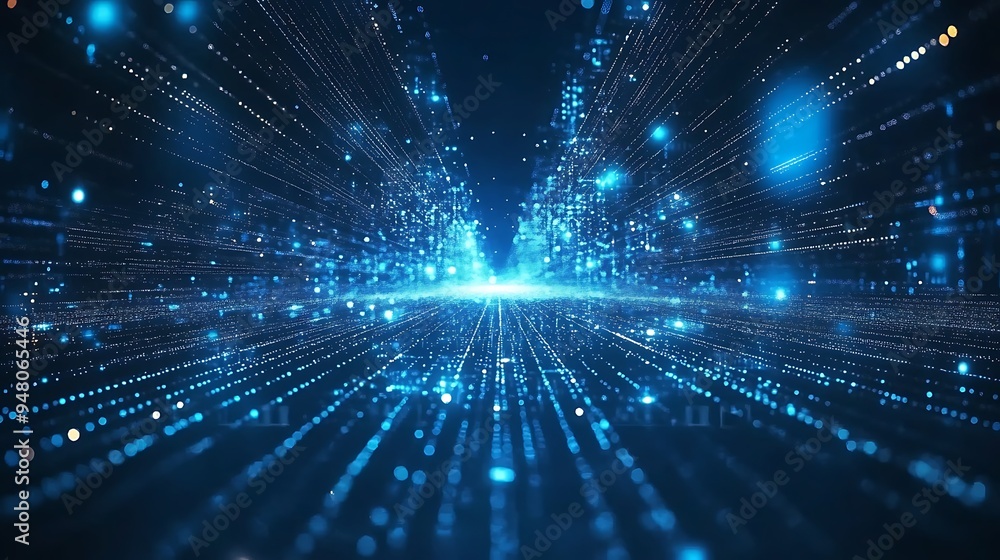 Abstract digital blue and black technology network background with glowing particles and data points, depicting a futuristic concept. Abstract digital blue and black technology network background with glowing particles and data points, depicting a futuristic concept.