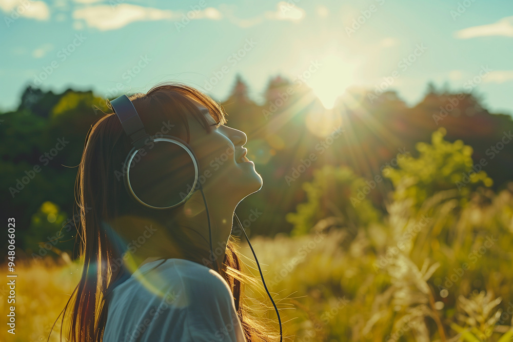 Fototapeta premium Person listening with headphones outdoors with backlight, natural scenery background. Generative AI