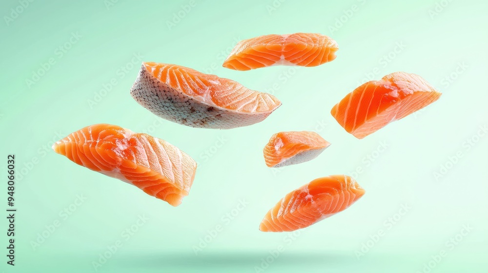 Fresh Raw Salmon Pieces and Steaks Falling Against a Green Background Fresh Raw Salmon Pieces and Steaks Falling Against a Green Background