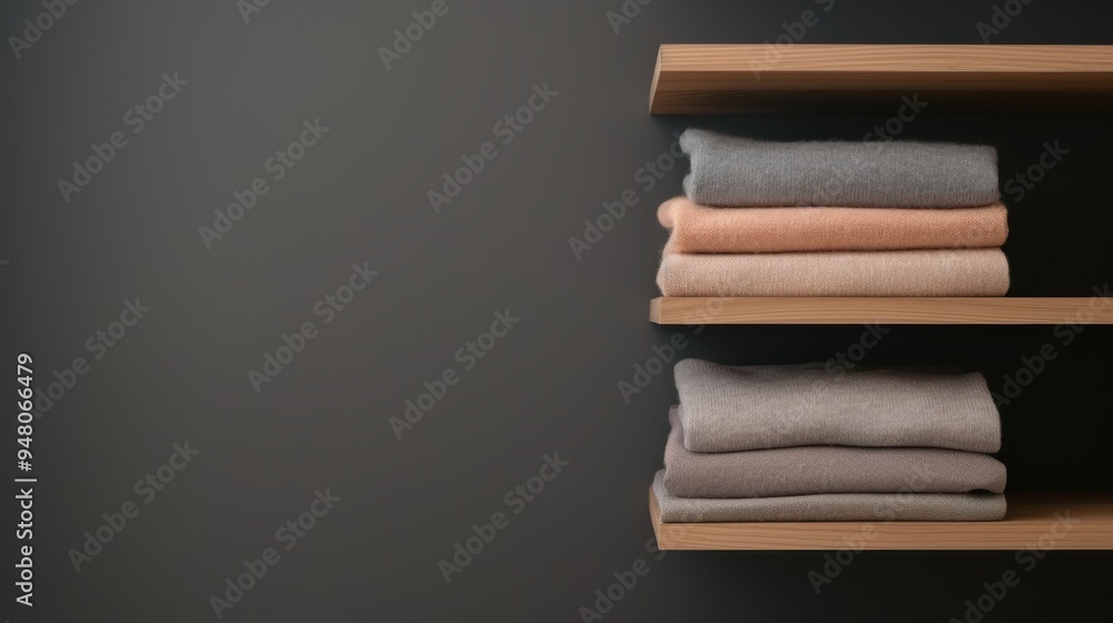 Neatly folded cashmere sweaters on wooden shelves against dark background Neatly folded cashmere sweaters on wooden shelves against dark background