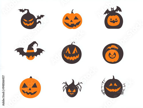 Icônes effrayant d'halloween sur fond blanc, citrouilles, chauves-souris, fantômes, araignées, maison hantée, logo terrifiants