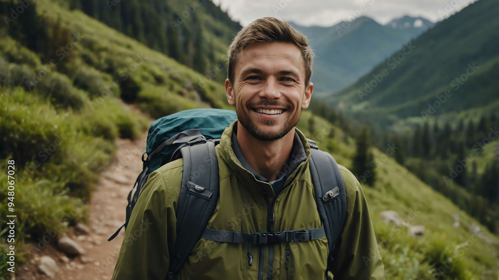 adult caucasian boy hiking trail background portrait shot adult caucasian boy hiking trail background portrait shot