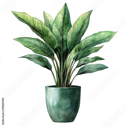 Watercolor painting of a green potted plant with large leaves.