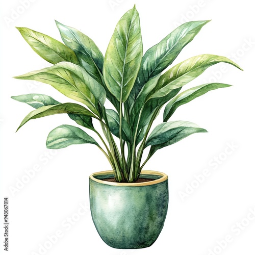 Watercolor illustration of a potted houseplant with large green leaves.