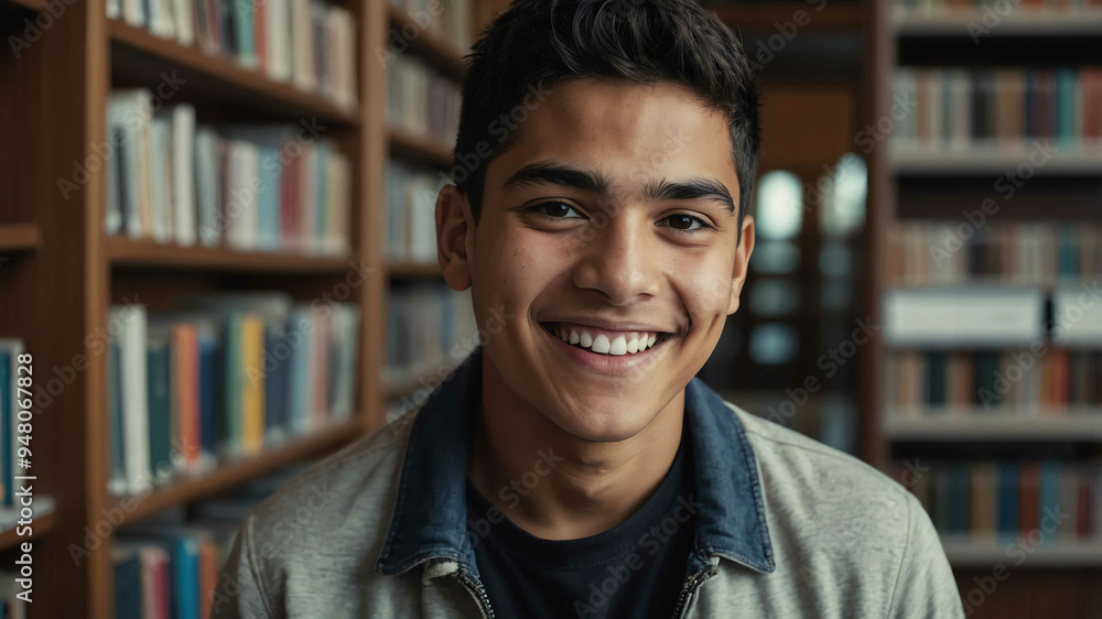 adult hispanic boy public library background portrait shot adult hispanic boy public library background portrait shot