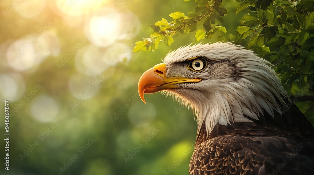 Fototapeta premium Eagle peeking out from behind the treetops on pastel colors background, copy space.