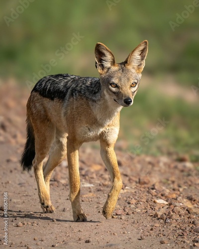 a small black backed jackel walking on a dirt road photo