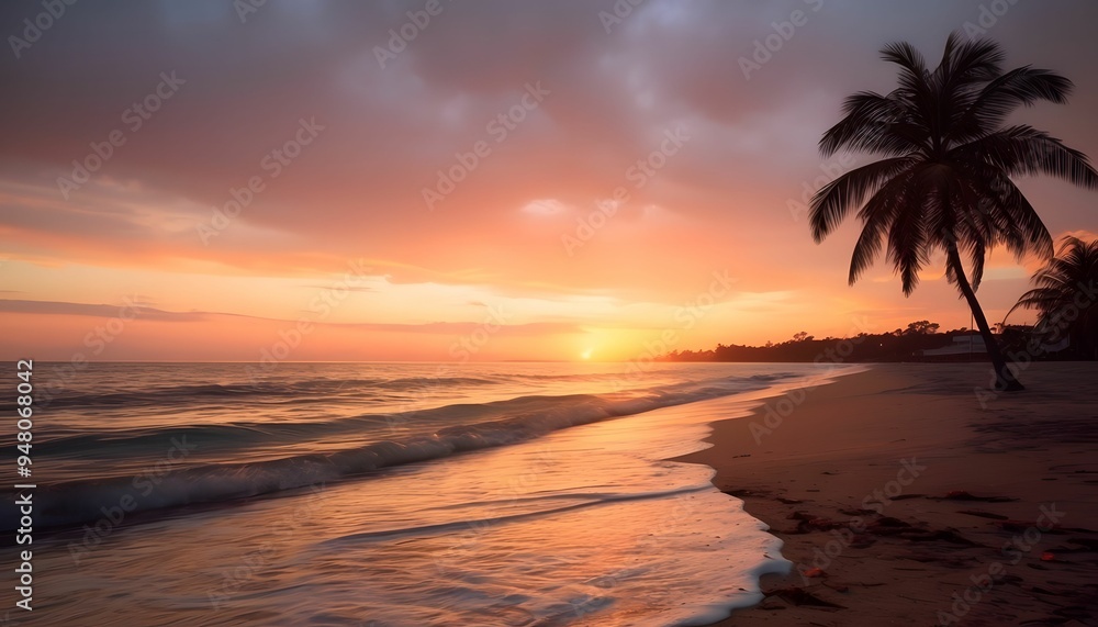 Obraz premium A Serene Sunset on the Shoreline, Where the Waves Kiss the Sand Under a Warm Sky