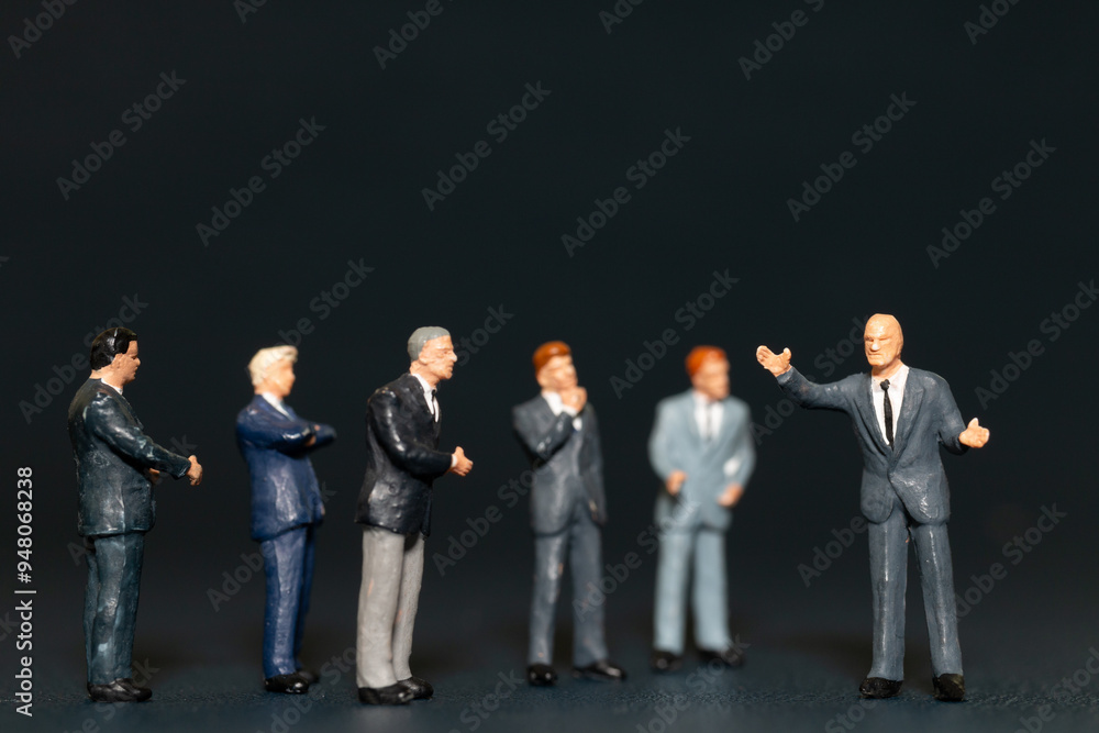 Obraz premium Miniature people Businessman standing on black background , Concept of Business leader and teamwork