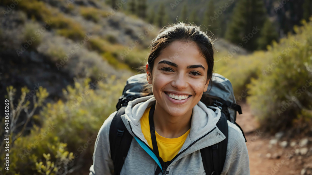 adult hispanic girl hiking trail background portrait shot adult hispanic girl hiking trail background portrait shot